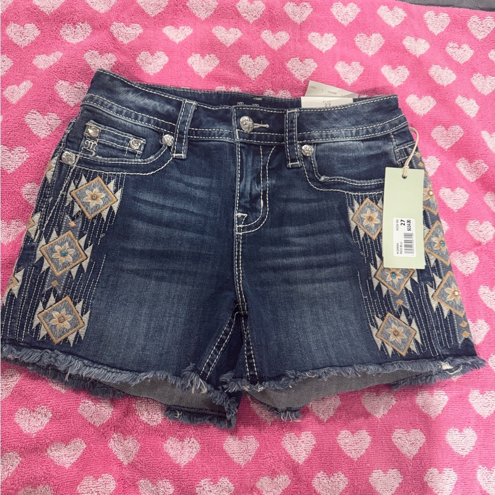 Miss Me Blue and Tan Embroidered Jean Shorts